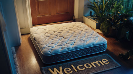 A cozy mattress placed at the home entrance, inviting relaxation and comfort. The warm ambiance is enhanced by soft lighting and a welcoming door mat.の素材
