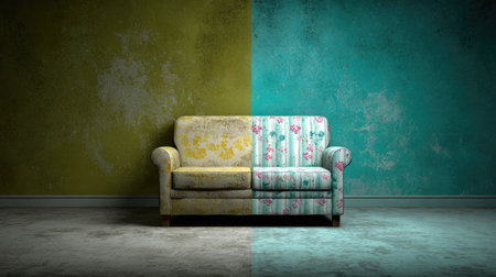 A vintage sofa with contrasting upholstery sits in front of a textured wall split between green and blue shades, creating a unique and vibrant atmosphere for interior styling.の素材
