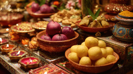 Vibrant and colorful arrangement of traditional sweets and fresh fruits on an ornate table, perfect for festive celebrations. Rich textures and decorative elements enhance the visual appeal.の素材