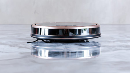 A stylish robotic vacuum cleaner rests on a polished marble surface, showcasing a sleek design and modern technology ideal for contemporary living spaces.の素材