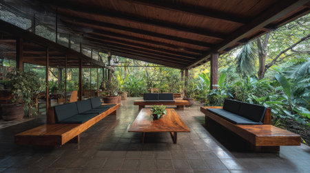 This captivating interior showcases a modern tropical lounge with sleek wood furniture surrounded by lush greenery, creating a serene and inviting atmosphere.の素材
