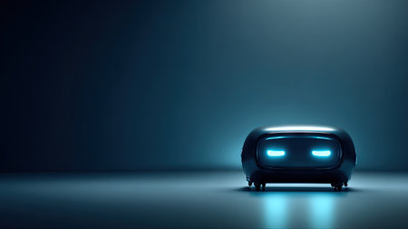 This striking image features a futuristic robot with glowing blue eyes set against a dark, minimalistic backdrop, emphasizing the elegance of advanced technology.の素材