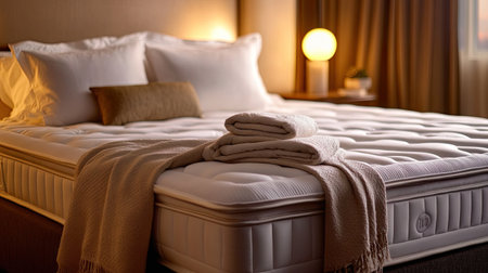 A serene bedroom featuring a soft mattress draped with towels and blankets, bathed in warm light, perfect for creating a cozy and inviting atmosphere for relaxation.の素材