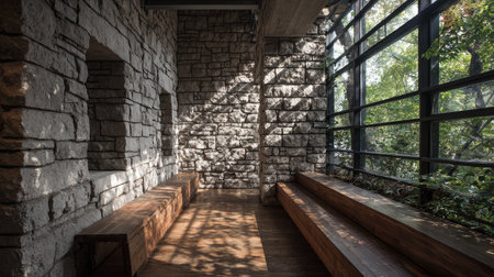 A serene interior featuring a stone wall and wooden seating, illuminated by natural light. The interplay of shadows creates a tranquil atmosphere ideal for relaxation.の素材