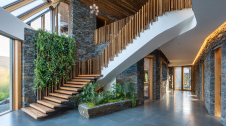 Explore a stunning modern interior featuring a striking staircase, natural materials, and lush greenery that creates a serene and welcoming atmosphere.の素材