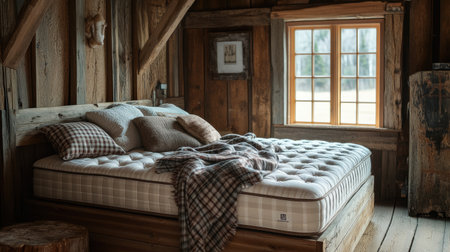 A cozy rustic bedroom featuring a comfortable mattress adorned with soft linens. The natural wood details and gentle light create a tranquil atmosphere perfect for relaxation.の素材