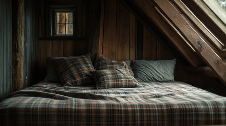 A serene and cozy attic bedroom featuring plaid bedding, plush pillows, and wooden accents, perfect for a restful retreat in a rustic setting.の素材