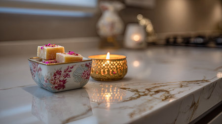 A beautifully styled arrangement featuring sweets and a flickering candle on a marble countertop, creating a warm, intimate atmosphere in a kitchen.の素材