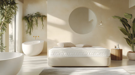 A serene minimalist bedroom featuring a soft mattress, natural light, and elegant decor. The space is complemented by indoor plants, offering a calming atmosphere.の素材