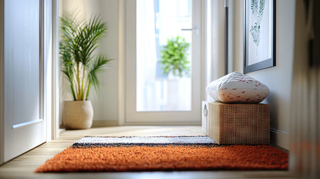Bright and inviting hallway featuring a soft rug, plant decor, and comfortable cushions. Ideal setup for a cozy home atmosphere with natural elegance.の素材