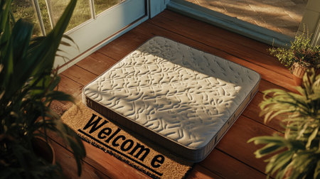 A modern mattress rests on wooden flooring beside a welcome mat and greenery. The scene captures a cozy and inviting atmosphere with natural light.の素材