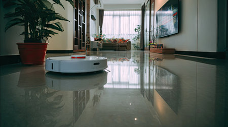A sleek robotic vacuum cleaner navigates a polished floor in a bright and modern living space, showcasing the convenience of home automation.の素材