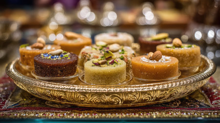 This captivating image showcases an assortment of traditional Indian sweets beautifully arranged on an ornate plate with nuts and colorful garnishes, perfect for festive occasions.の素材