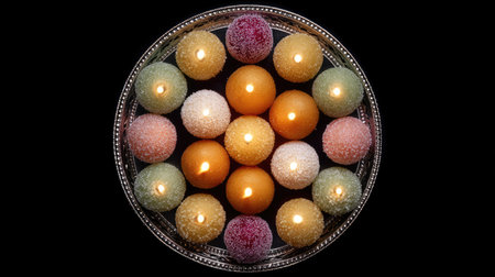 A stunning overhead view of colorful candles and textured decorative spheres arranged on a silver tray, creating a warm and inviting atmosphere.の素材