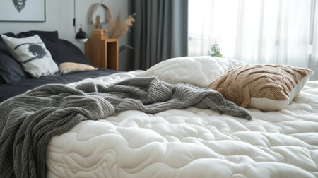 This inviting bedroom scene showcases soft textiles and stylish bedding, creating a warm and relaxing atmosphere perfect for restful nights.の素材