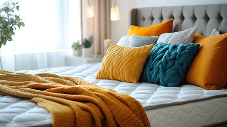 A cozy bedroom atmosphere featuring a bed adorned with vibrant cushions and soft blankets, inviting relaxation and warmth in a stylish setting.の素材
