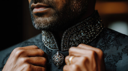 Detailed close-up of a man showcasing exquisite formal attire with stunning embroidery and a unique necklace, perfect for upscale events and cultural ceremonies.の素材