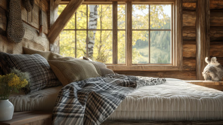 A cozy cabin bedroom featuring rustic decor, soft bedding, and a view of autumn foliage through the window, creating a tranquil and inviting atmosphere.の素材