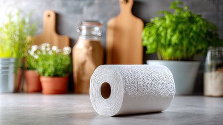 A clean paper towel roll rests on a kitchen countertop, surrounded by vibrant herbs and wooden cutting boards, showcasing a fresh and functional culinary space.の素材