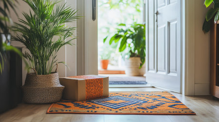 A cozy entrance features a vibrant door mat, a cardboard package, and lush plants, creating a welcoming atmosphere filled with natural light. Perfect for home decor inspiration.の素材
