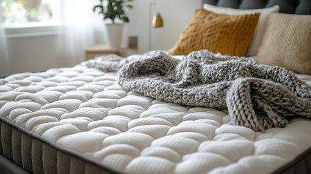 A cozy bedroom scene featuring a soft mattress topped with a snug knit blanket, highlighting comfort, inviting textures, and a serene atmosphere perfect for relaxation.の素材