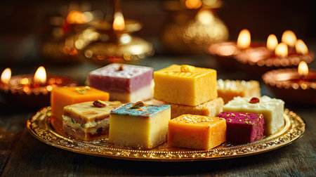 An exquisite display of traditional Indian sweets arranged on an ornate golden tray, illuminated by soft candlelight, ideal for festive occasions.の素材
