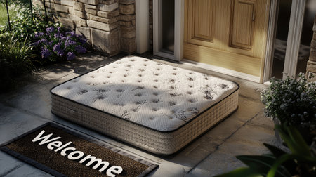 A cozy mattress sits on a home entrance step next to a welcome mat, surrounded by vibrant flowers and warm stone, evoking a sense of comfort and hospitality.の素材