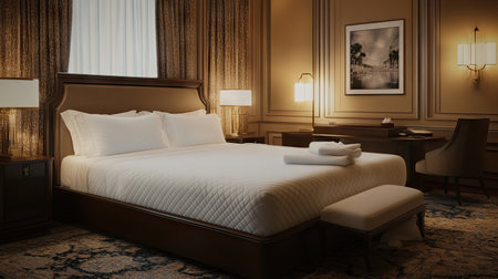 Discover an elegant bedroom interior featuring a cozy bed, classic decor, and warm lighting. This serene space offers comfort and tranquility for relaxation.の素材