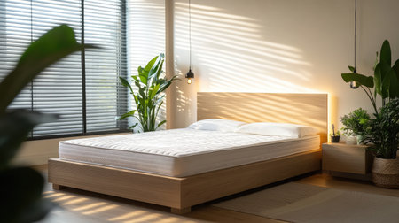 This image showcases a bright and cozy bedroom featuring a modern bed, elegant indoor plants, and soft light filtering through window shades, creating a serene atmosphere.の素材