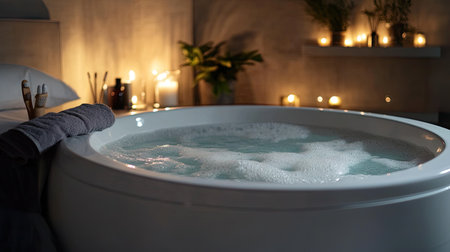 Immerse yourself in a tranquil bubble bath surrounded by soft candlelight. This serene scene promotes relaxation, comfort, and self-care in an elegant bathroom setting.の素材