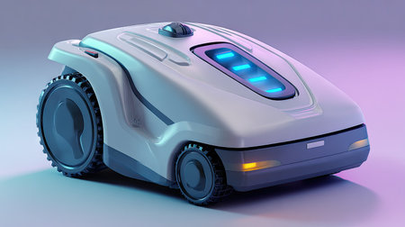 A sleek and modern robotic lawn mower designed for efficient grass maintenance. Featuring LED lights and a compact structure, this device embodies innovation in garden automation.の素材