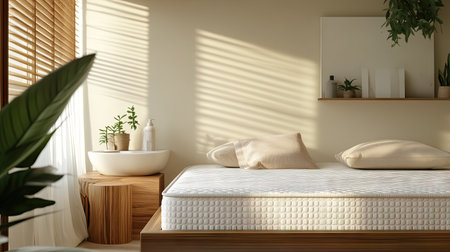 A tranquil bedroom scene with soft natural light showcasing a minimalist design. The wooden furniture, cozy bedding, and indoor plants create a serene atmosphere.の素材