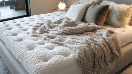 A beautifully styled bedroom scene showcasing a plush bed with soft textiles. The inviting blanket and decorative pillows create a warm and cozy atmosphere, perfect for relaxation.の素材