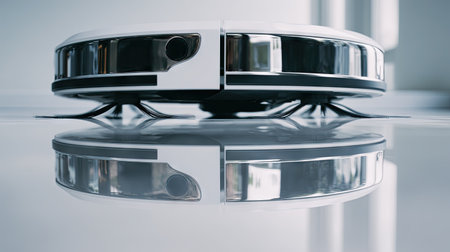 A sleek robotic vacuum cleaner sits on a smooth surface, reflecting its stylish design in a contemporary home environment, showcasing modern technology in action.の素材