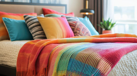 A cozy modern bedroom featuring a colorful blanket and various pillows, creating an inviting atmosphere with vibrant hues and stylish decor elements.の素材