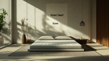 A serene minimalist bedroom featuring soft bedding, natural light, and a cozy atmosphere, perfect for relaxation and tranquility in contemporary design style.の素材
