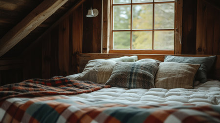 This cozy attic bedroom features a serene atmosphere with rustic wood elements, soft textiles, and inviting pillows, creating a perfect retreat for relaxation.の素材