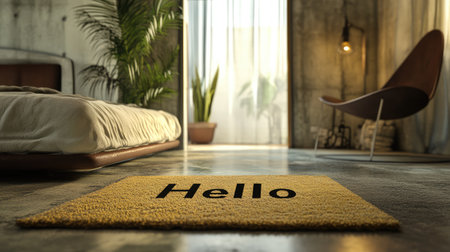 A cozy bedroom featuring a yellow welcome mat with the word "Hello," bathed in natural light. This space showcases a modern design and inviting atmosphere perfect for relaxation.の素材