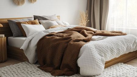 Experience a serene and cozy bedroom adorned in earthy tones with soft textiles, inviting warmth, and a calming atmosphere for restful moments.の素材