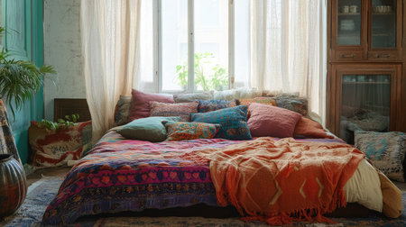 A cozy bedroom featuring a vibrant array of colorful textiles and pillows, inviting relaxation with soft furnishings and natural light filtering through.の素材