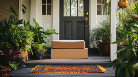 A warm and inviting entryway showcasing a package on the doorstep, surrounded by vibrant greenery and a decorative welcome mat, perfect for home delivery.の素材