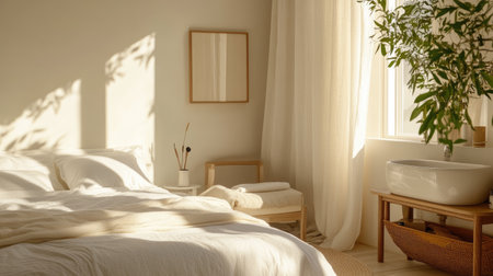 A serene and inviting minimalist bedroom bathed in natural light, featuring soft linens, a stylish plant, and cozy accents that create a calming atmosphere.の素材