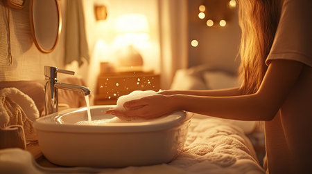 A woman gently washes her hands in a cozy bathroom, surrounded by soft lighting and bubbles. This serene scene promotes relaxation and personal care in a warm ambiance.の素材