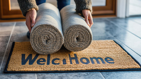 This image captures a cozy entrance featuring rolled rugs and a welcoming doormat, ideal for enhancing the ambiance of any home.の素材