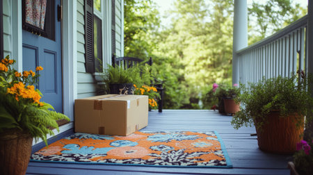 A tranquil front porch scene featuring a delivery package on a vibrant floral mat surrounded by lush greenery and colorful flowers, ideal for home and lifestyle themes.の素材