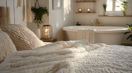 A serene bedroom scene featuring soft textiles, inviting bedding, and a calming atmosphere. Perfect for showcasing comfort and relaxation in home decor.の素材