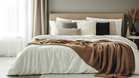 This cozy bedroom features a modern setup with plush bedding, decorative pillows, and a warm blanket, creating a serene and inviting atmosphere perfect for relaxation.の素材