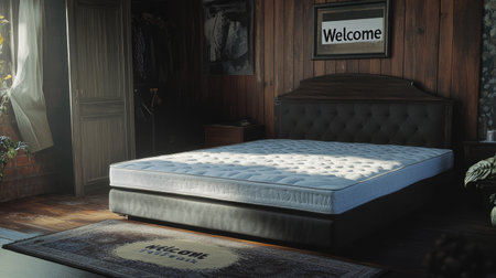 A cozy bedroom featuring a stylish mattress and warm ambiance, perfect for relaxation and comfort. The inviting decor includes wooden elements and soft textiles.の素材