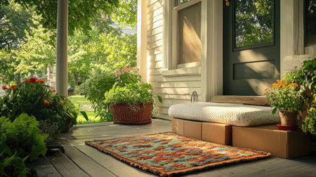 A charming front porch showcases a colorful rug, cozy seating, and flourishing plants, bathed in gentle morning light, creating a welcoming atmosphere.の素材