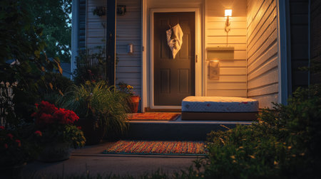 A serene entrance showcasing a mattress on the porch surrounded by colorful flowers and soft evening light, creating a warm and inviting ambiance for relaxation.の素材